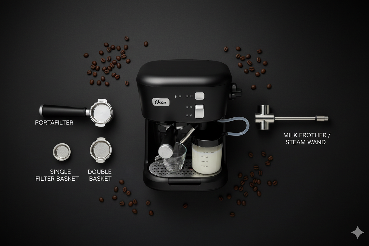 Accesorios incluidos con la Cafetera Espresso Oster®: portafiltro, filtros simple y doble, y espumador de leche