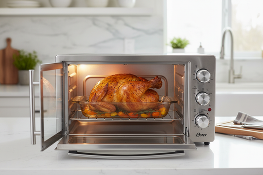Horno Oster 42L con pollo dorado en cocina moderna