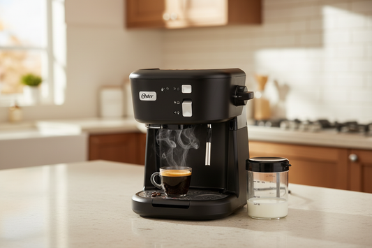 Cafetera Oster® en cocina moderna con espresso recién preparado