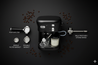 Accesorios incluidos con la Cafetera Espresso Oster®: portafiltro, filtros simple y doble, y espumador de leche