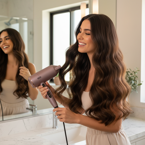 Mujer usando el Secador Remington AirVive EC8930 con cabello brillante y sin frizz