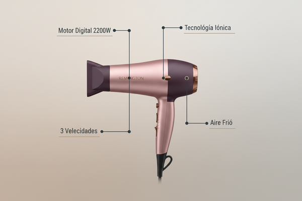 Infografía Secador Remington AirVive EC8930 - Motor Digital 2200W, Tecnología Iónica, 3 Velocidades, Aire Frío
