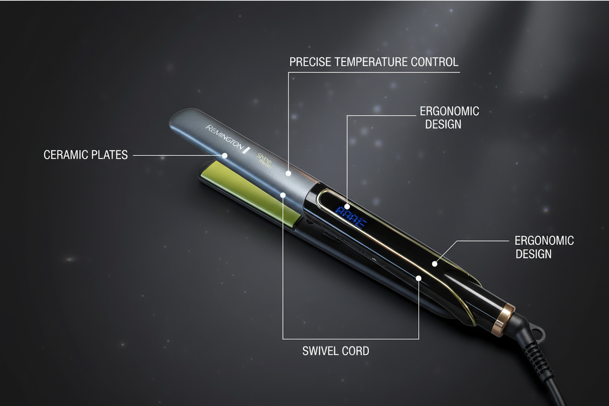 Infografía de la Plancha Remington® Shine Therapy Pro con características principales